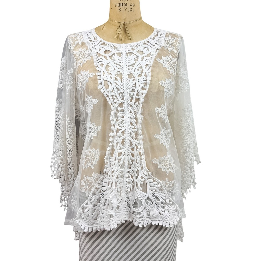 Ethereal Sheer Lace Poncho Top Floral Embroidery Ethyl White Angelic Small
